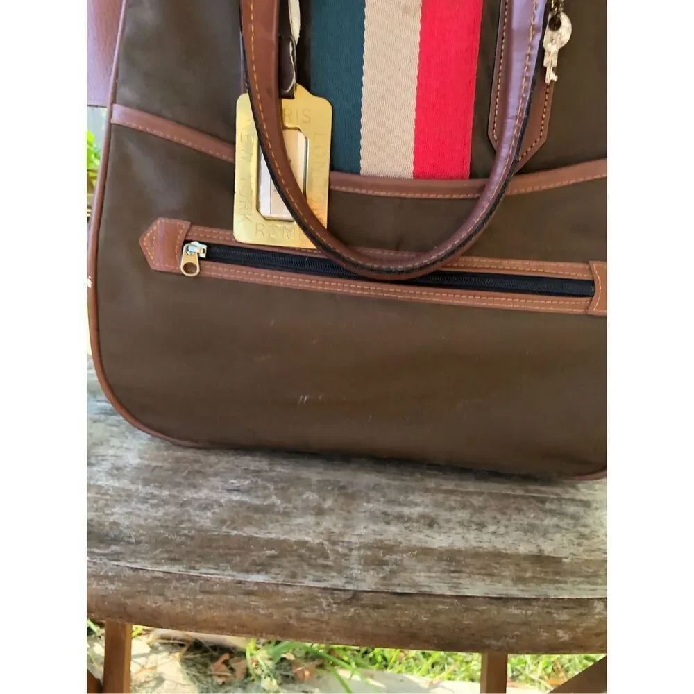 Vintage Lark Canvas Leather Tote Bag Brown Stripe Travel Duffle